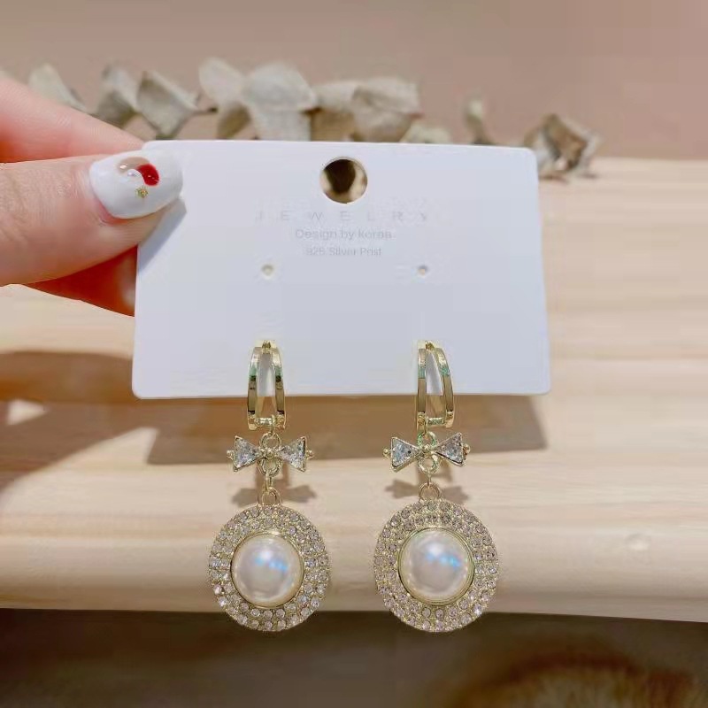 Khuyên Tai Bạc S925 Hình Nơ Đính Đá Và Ngọc Trai Sang Trọng Cổ Điển