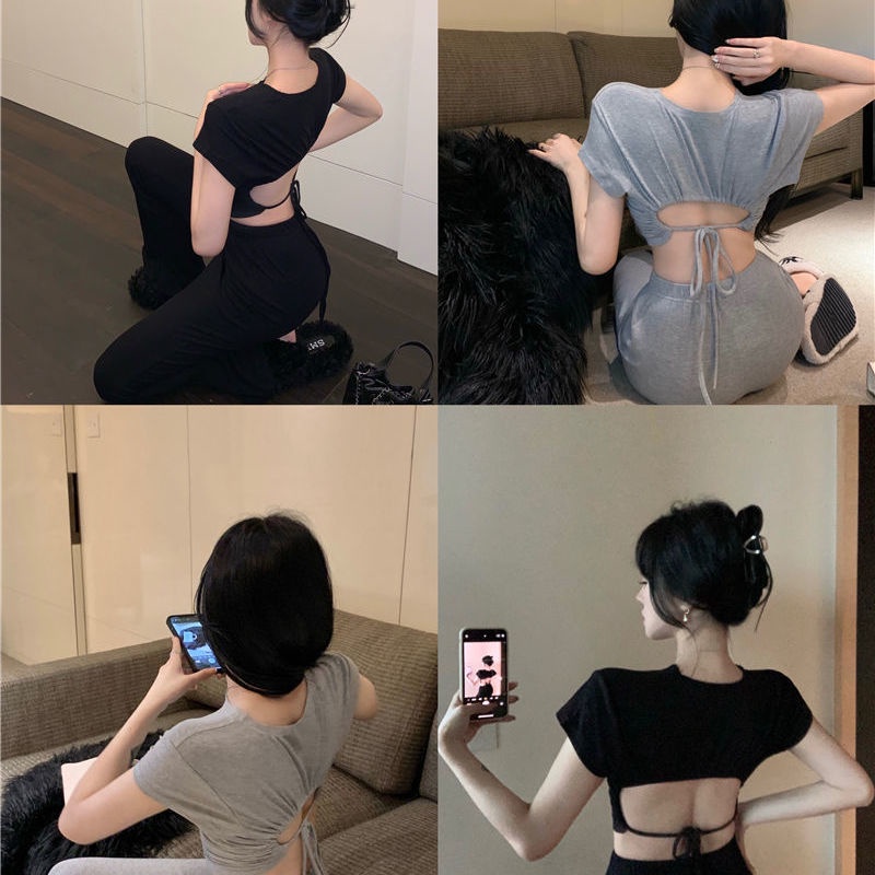 COZOK Set Áo Thun Tay Ngắn Hở Lưng + Quần Dài Lưng Cao Thời Trang Nữ