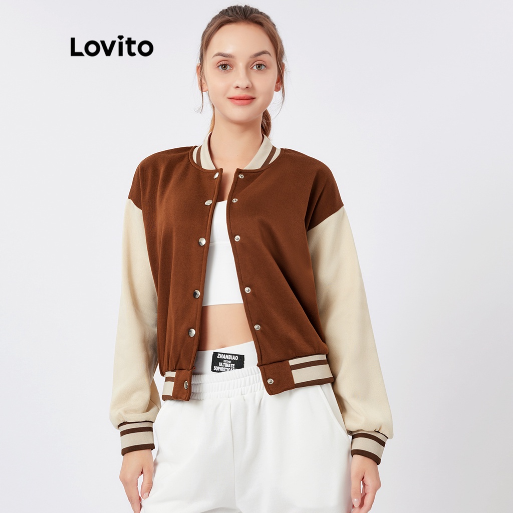 Áo khoác Lovito màu trơn chắp vá kiểu bím cổ bóng rổ chắc chắn phong cách thường ngày L25ED027 (màu cà phê)