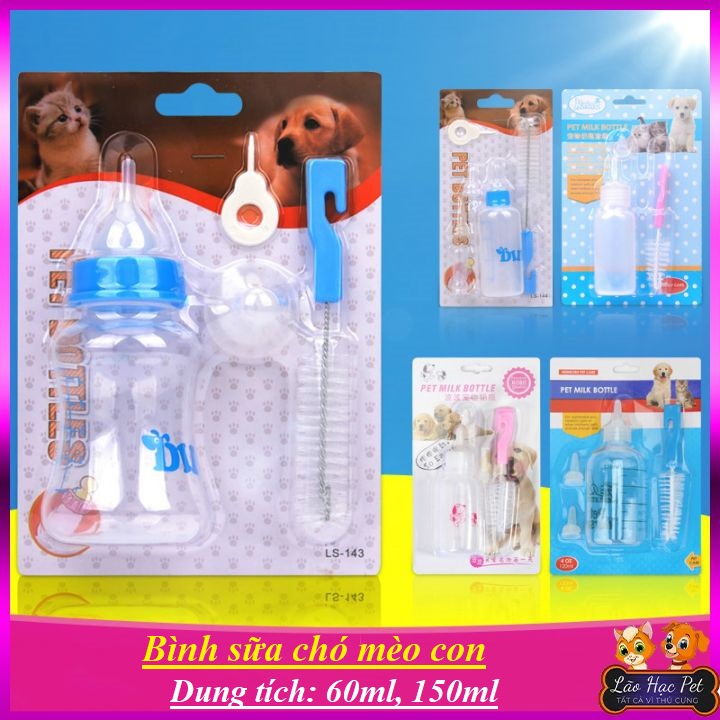 Bình sữa cho chó mèo con - Đầy đủ ti bình + dụng cụ vệ sinh - 2 size
