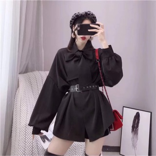 Áo váy sơ mi cổ nơ tay bồng 2 màu
