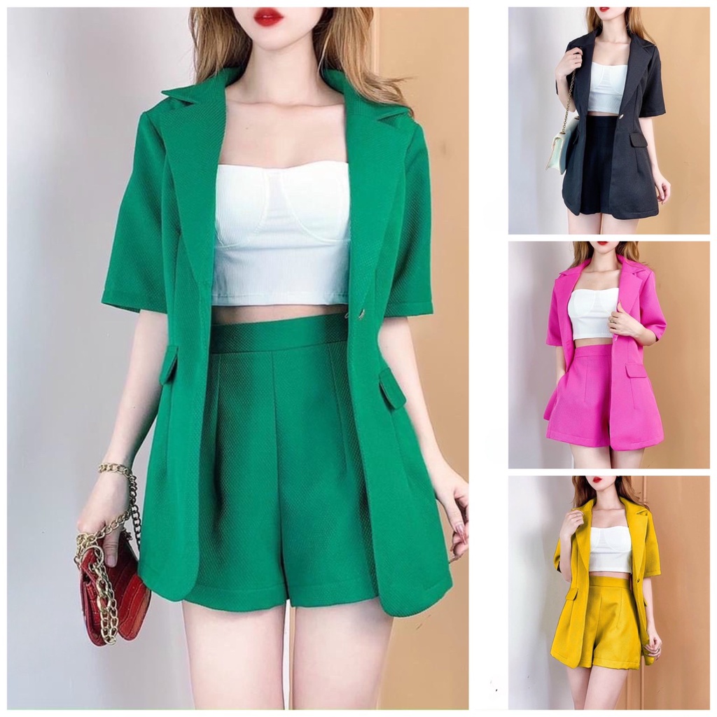 Sét vét 3 món nữ áo khoác vét kèm quần đùi nữ tính phối áo lót xinh xắn