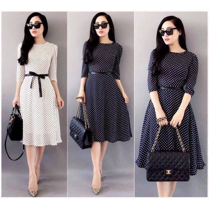 Đầm vintage chấm bi thắt eo - NR148