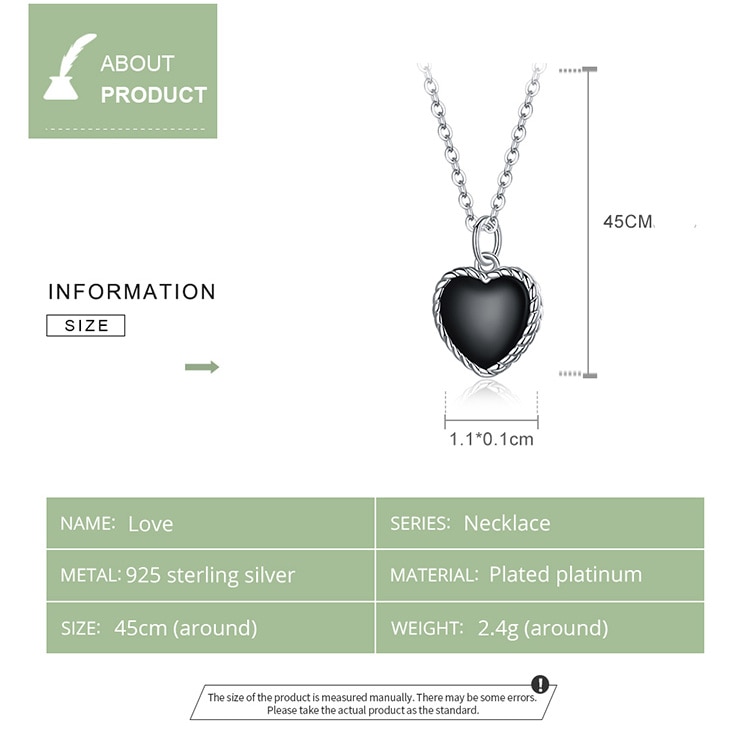 bamoer Real 925 Sterling Silver Black Heart Love Pendant Vintage Necklace Women Statement Collares Jewelry Gift Noble SCN443