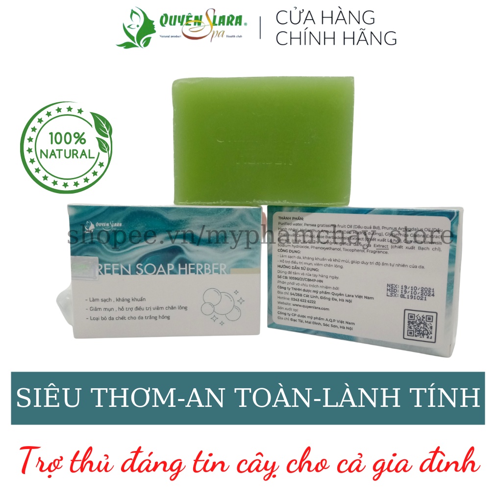 Xà Bông Thảo Dược Green Soap Herber Quyên Lara Siêu Thơm,Tinh Chất Thiên Nhiên, Sáng Da, Giảm Mụn Trắng Hồng 100g