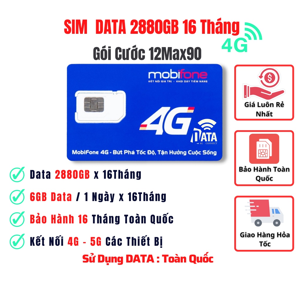 Sim Mobifone 12max90 Có 6GB Data 1 Ngày , Sử Dụng 16 Tháng 2880GB-Sản Phẩm Chính Hãng