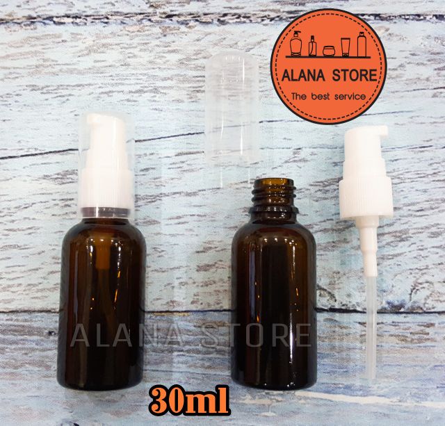 Lọ chiết mỹ phẩm thủy tinh nâu vòi ấn ngắn trắng 30ml