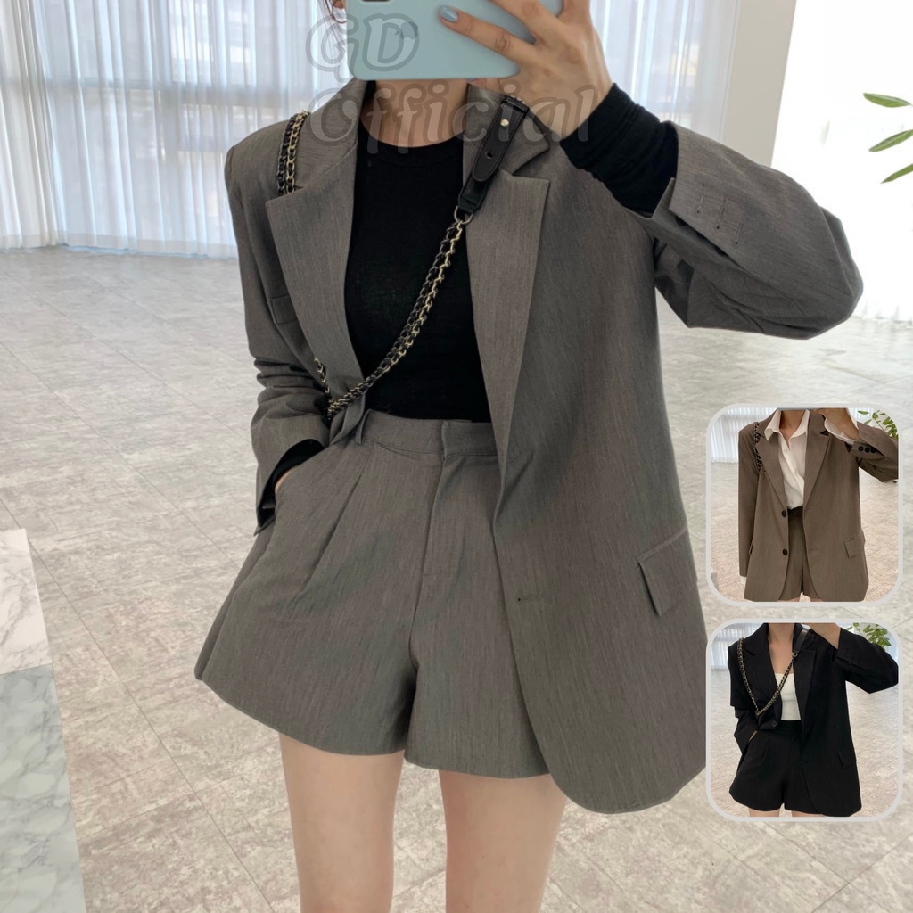 B33|Set bộ blazer công sở nữ áo khoác cổ V dài tay, quần đùi âu ngắn cạp lưng cao rộng cá tính đen, xám, nâu GD Official