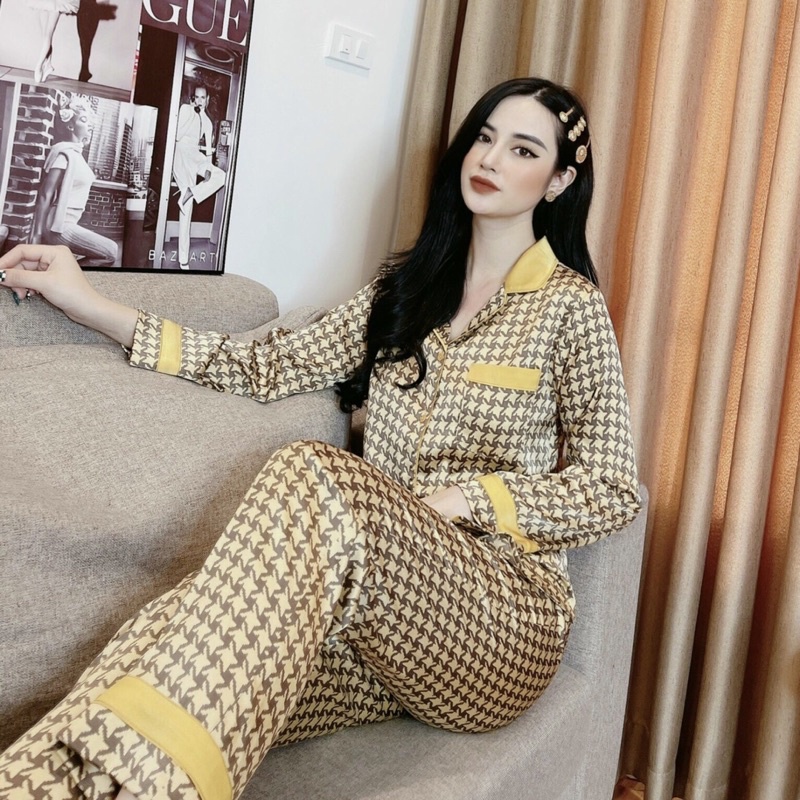 Đồ bộ nữ, pijama, SOMNIA, đồ ngủ bigsize, bộ lụa mặc nhà ziczac đen dài tay, pyjama cao cấp lụa hàn