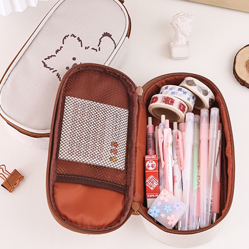 Hộp Bút Vải Canvas Cute Đa Năng Hình GẤU NÂU - Bóp Viết Đẹp To Nhiều Ngăn Đựng Mỹ Phẩm, Văn Phòng Phẩm