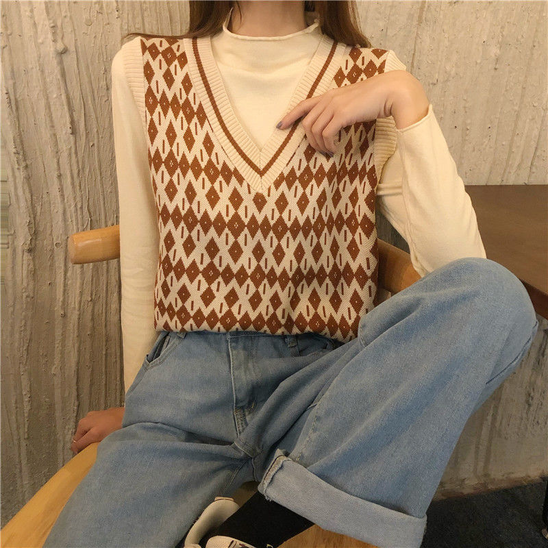 Áo gile cổ V không tay dáng rộng chất dệt kim thời trang Hàn Quốc retro cho nữ