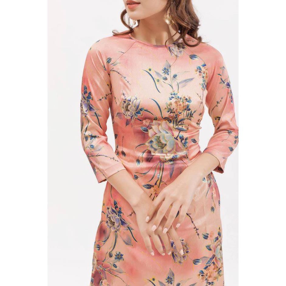 Áo Dài May Sẳn, Áo Dài Nữ Cổ Kiềng Tay Lửng Chất Gấm Vân Gỗ Màu Hồng Ruốc Họa Tiết Hoa Viền Nhũ, Hàng Thiết Kế Sang Chản | BigBuy360 - bigbuy360.vn