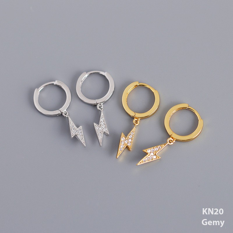 Khuyên tai nam nữ bạc 925 mạ vàng dáng tròn hình tia chớp đính đá cá tính, unisex (1 chiếc) | GEMY SILVER KN20