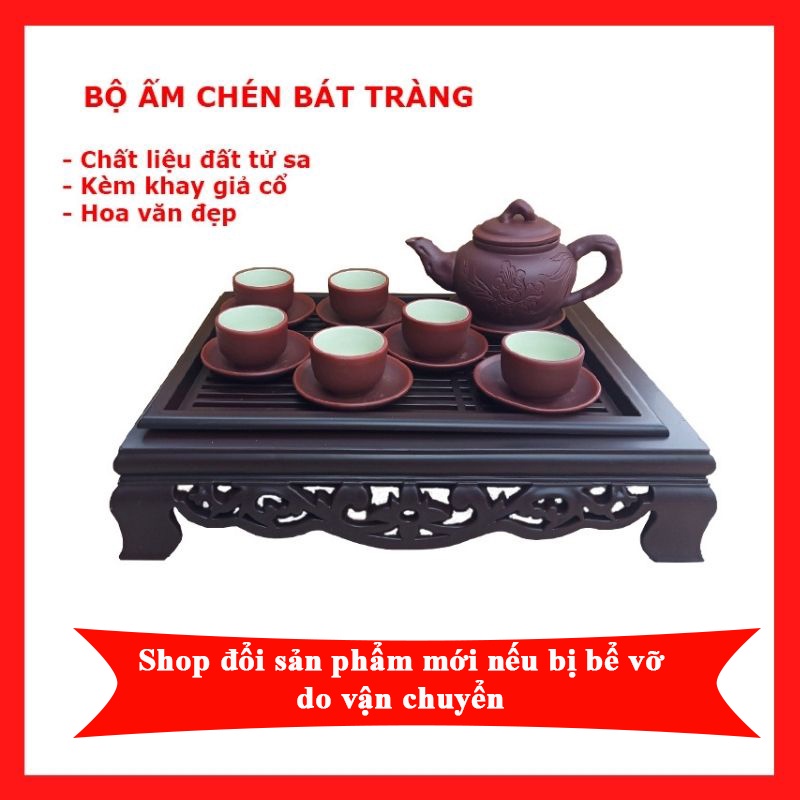 Bộ ấm chén uống trà ❤️FREESHIP❤️ ấm chén Bát Tràng gốm tử sa tráng men trắng xanh sáng bóng sang trọng màu nâu đất đỏ.