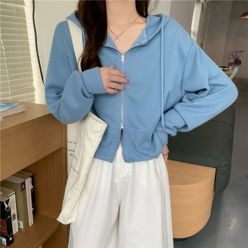 Áo Khoác Cardigan Cotton Màu Trơn Tay Dài Dáng Rộng Cổ polo Có Khóa Kéo Phong Cách Hàn Quốc Thời Trang Thu Đông Mới Cho Nữ