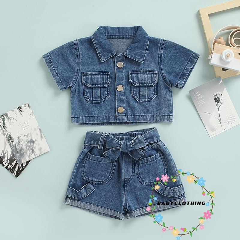 Bộ đồ denim bé gái gồm áo cổ bẻ cài nút và quần short đơn giản thời trang mùa hè