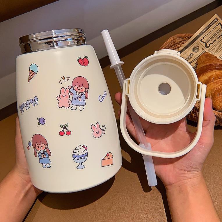 Bình nước giữ nhiệt cute có sticker và ống hút kiểu dáng dễ thương - Dung tích 800-1000ml cho bé, inox 304 xịn