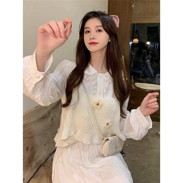 Set áo len đính hoa + Đầm trắng sơmi tay dài