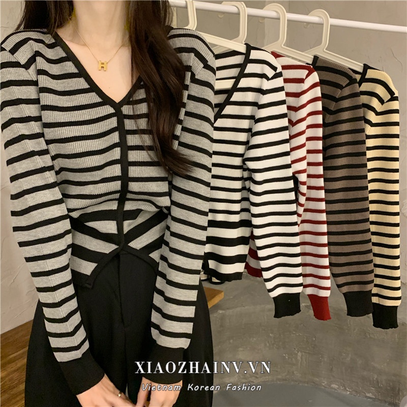 Xiaozhainv Áo khoác cardigan dệt kim cổ chữ V tay dài dáng rộng kẻ sọc 5 màu phong cách Hàn Quốc cho nữ