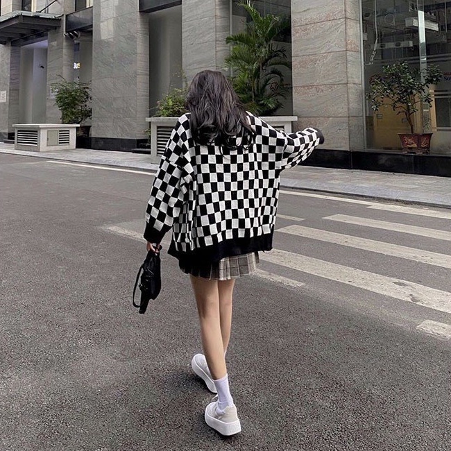 Áo khoác ngoài kiểu Cardigan họa tiết hình bàn cờ Nagnagstore chất vải len nỉ dày dặn dáng rộng chuẩn Unisex TL17