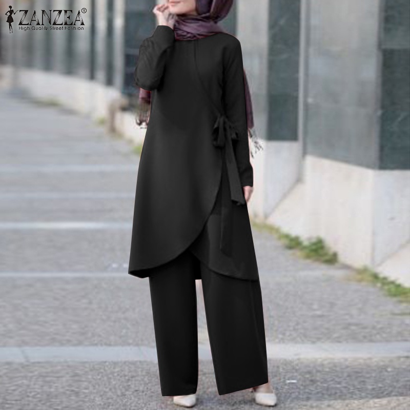 Bộ đồ hai mảnh Zanzea gồm áo tay dài và quần dài ống rộng màu trơn thiết kế đơn giản thời trang cho nữ