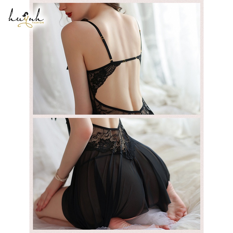 Váy Ngủ Xuyên Thấu Ren Phối Nơ Xẻ Tà Trước Có Khóa Cài Sexy Gợi Cảm - N97