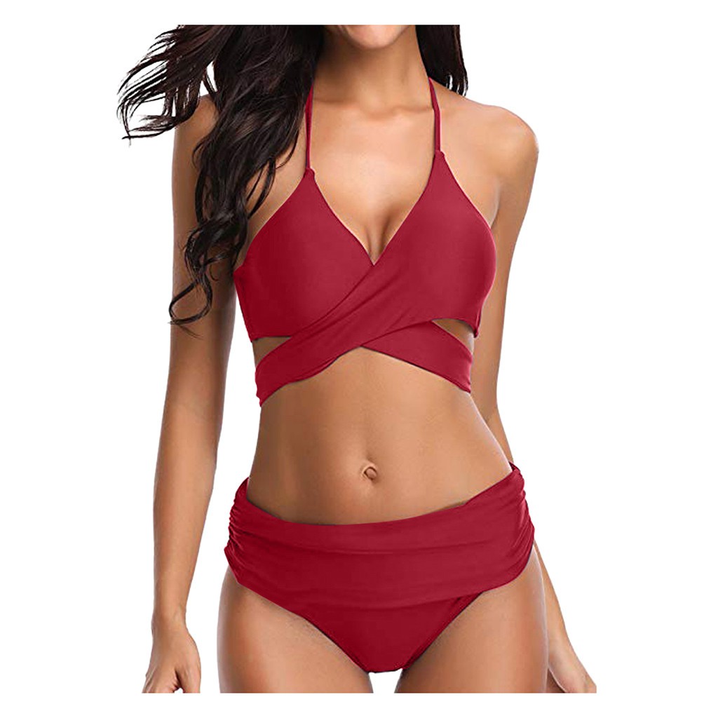 Women Sexy Swimsuit Two Piece Retro Halter Ruched High Waist Solid Bikini Set | BigBuy360 - bigbuy360.vn