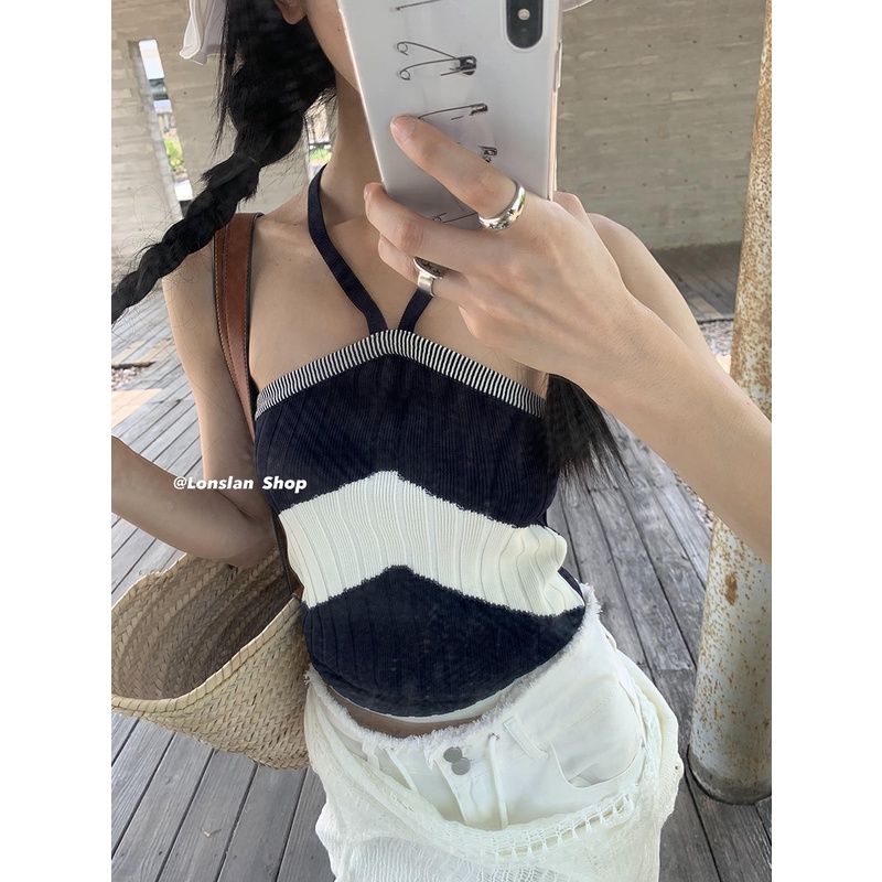Áo lửng hai dây họa tiết kẻ sọc thời trang Hàn Quốc cá tính dành cho nữ