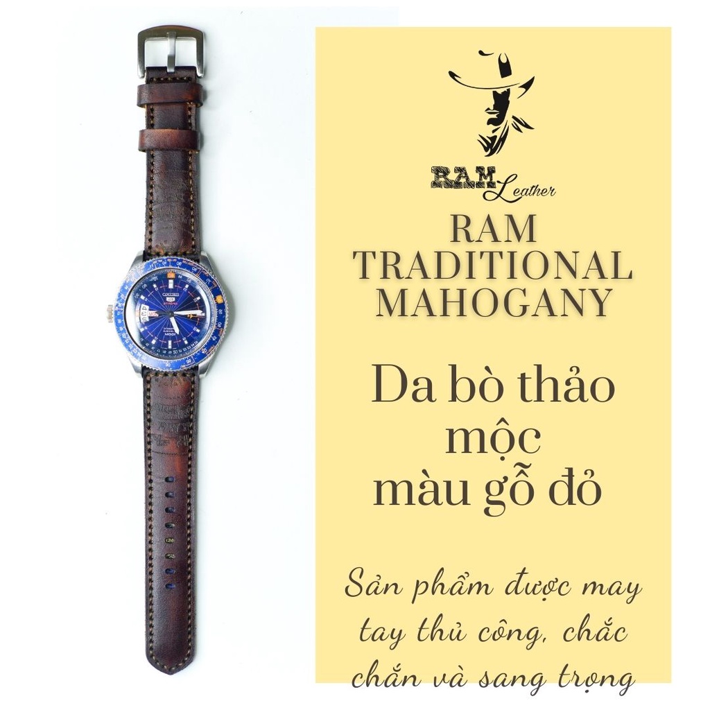 Dây đồng hồ RAM Leather vintage Trống Đồng Việt Nam da bò Italia Vegtan màu mahogany