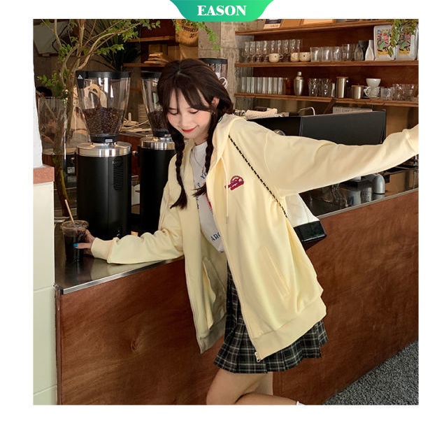 Áo khoác cardigan mỏng dáng rộng màu vàng nhạt in họa tiết có khóa kéo thời trang mùa thu cho nữ