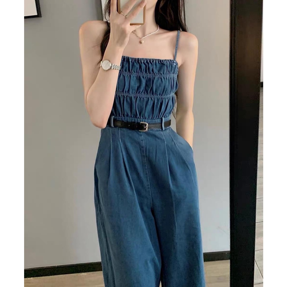 Set Bộ Nữ Jumpsuit Jeans Bò Hai Dây Quần Ống Rộng Kèm Thắt Lưng 2 Dây Denim Đẹp Chuẩn Hàng Loại 1