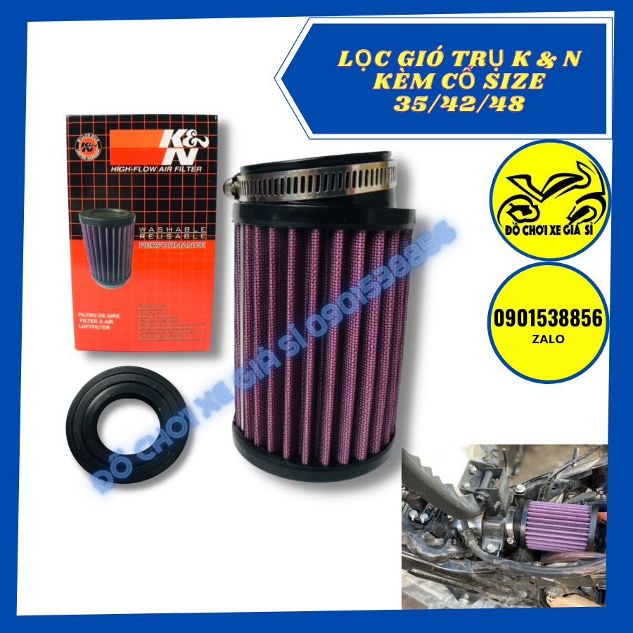 Lọc gió Pô e KN 1280 3 loại co hình trụ cho mọi loại xe tặng kèm cao su nối