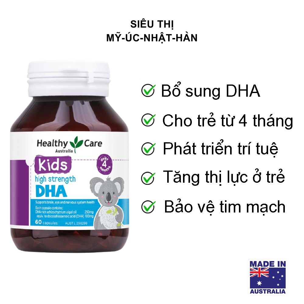 Viên uống DHA (60v) bổ sung omega-3 cho trí não bé từ 4 tháng tuối Healthy Care Kids High Strength DHA, Úc