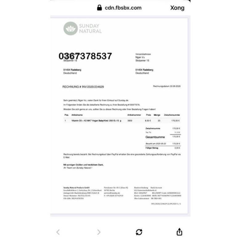 Vitamin D3 K2 Mk7 Sunday Natural 20ml Đức