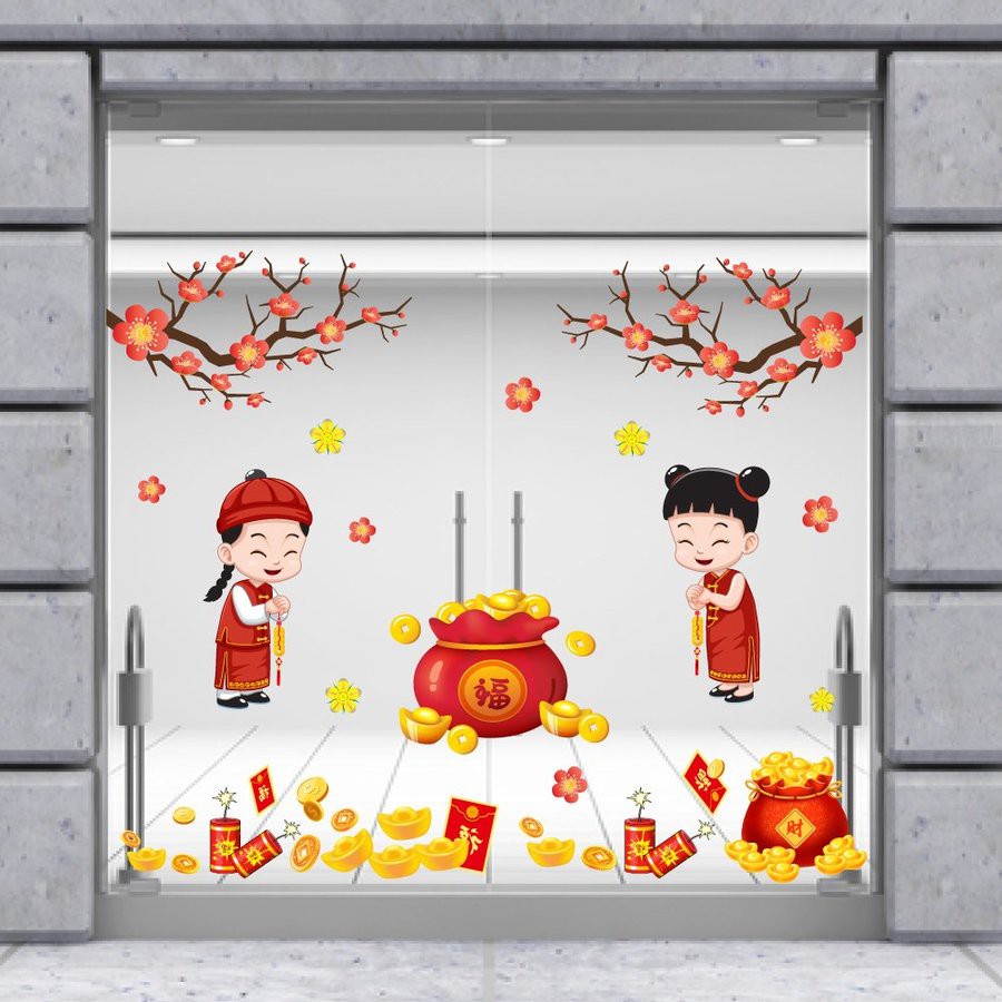 Decal Trang Trí Tết Thiếu Nhi Múa Lân Và Thần Tài Đón Tết - Decal trang trí tết cao cấp có sẵn keo dán | BigBuy360 - bigbuy360.vn