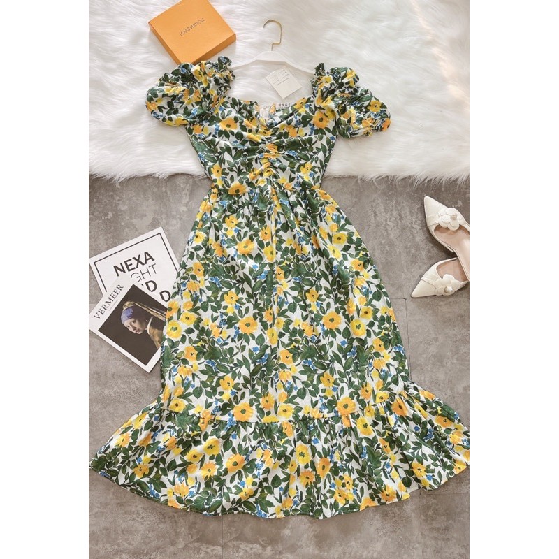 VNU241 - VÁY MAXI DÚM NGỰC HOA VÀNG LÁ XANH ĐUÔI CÁ | BigBuy360 - bigbuy360.vn