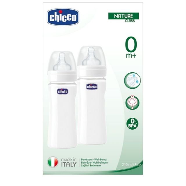 Hộp 2 Bình Thủy Tinh Núm Silicone Chicco (240ml)
