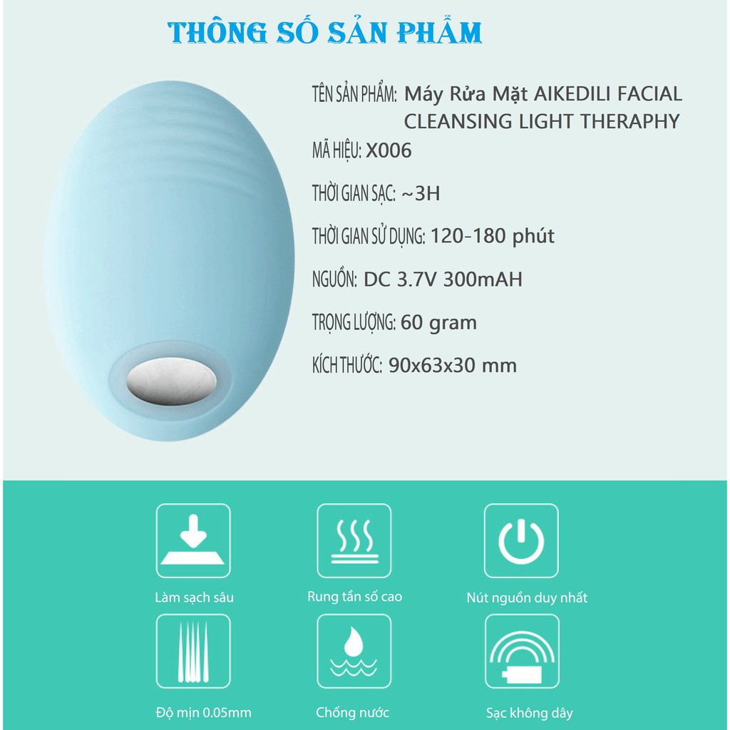 [BH 1 đổi 1] Máy Rửa Mặt Chính Hãng AIKEDILI FACIAL SILICONE CLEANSING LIGHT THERAPHY