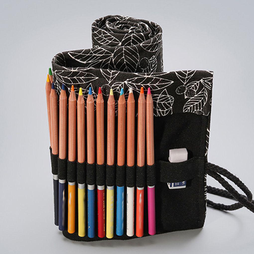 Túi Cuộn Đựng Bút Bằng Vải Canvas In Họa Tiết Chiếc Lá Màu Trắng Đen Xinh Xắn Cho Nữ