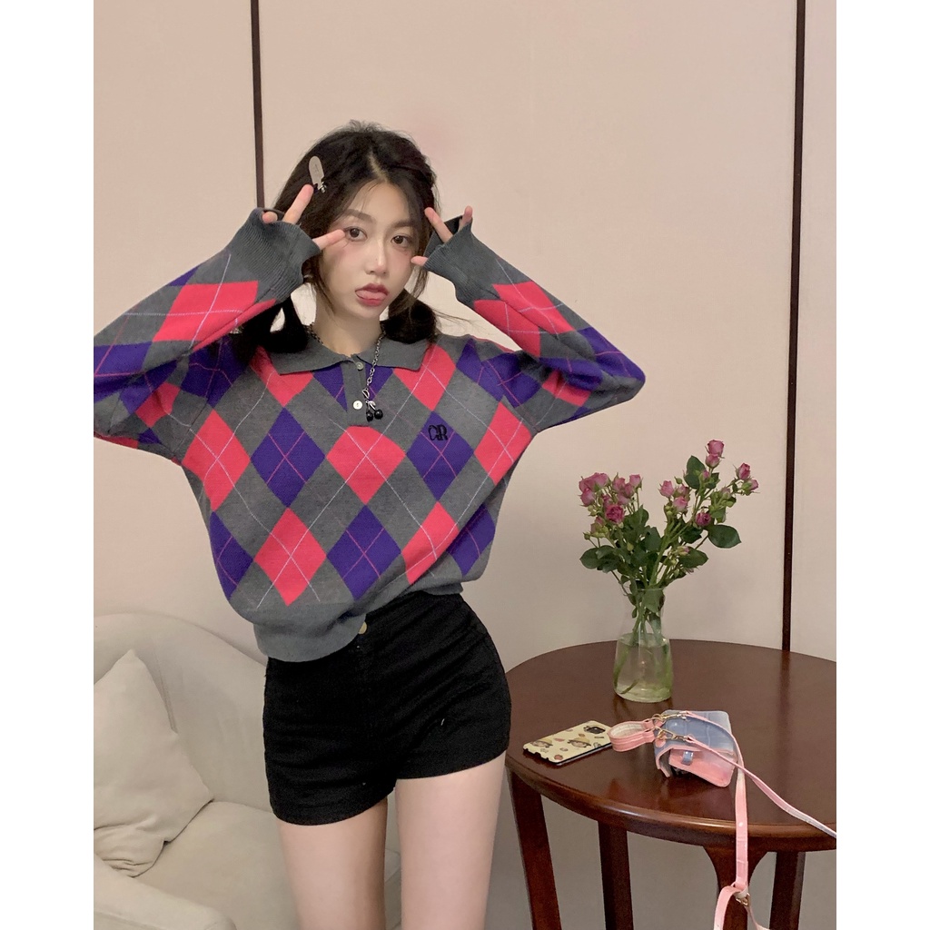 Áo sweater Dệt Kim Họa Tiết Hình Thoi Phong Cách Thời Trang Hàn Quốc Cho Nữ