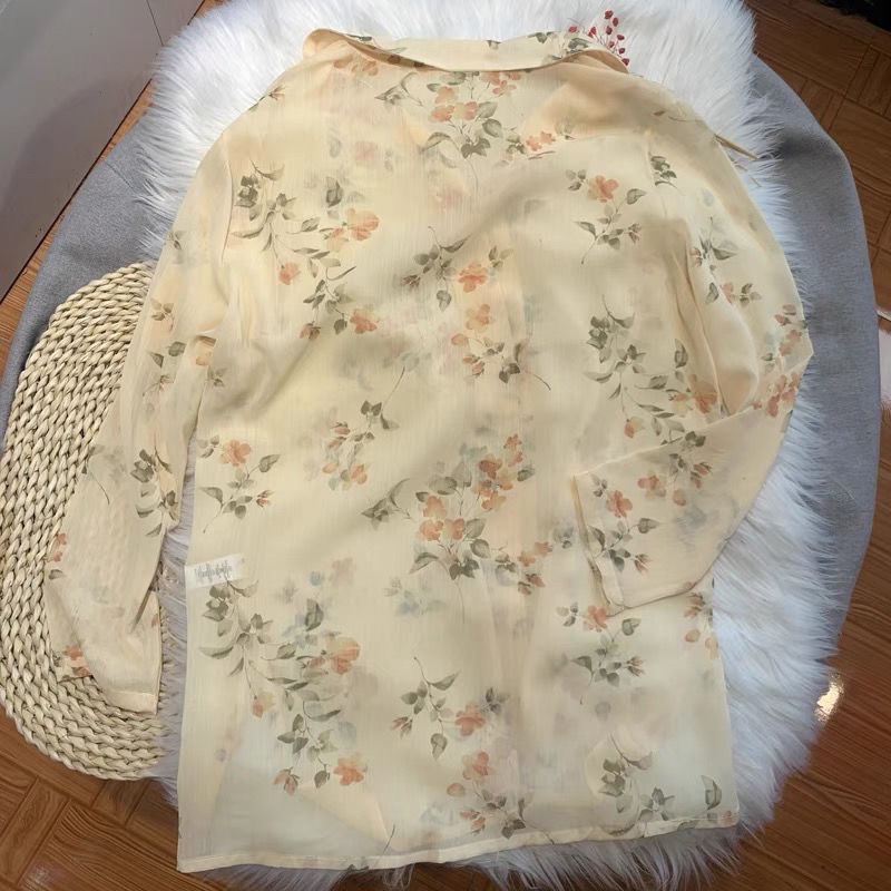 Áo Sơ Mi Chiffon Tay Dài Chống Nắng In Họa Tiết Hoa Phong Cách Hàn Quốc Cổ Điển Thời Trang Mù