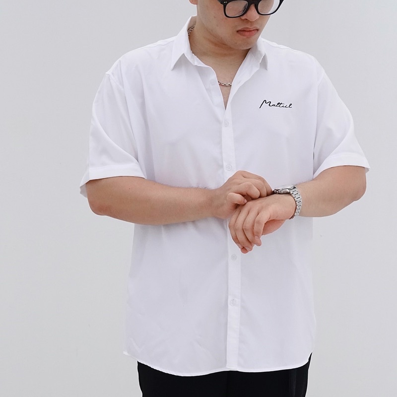 Áo sơ mi nam cộc tay chữ thêu trước ngực BIGSIZE sơ mi trắng chất liệu kate lụa mềm mại có size cỡ lớn đến 130kg