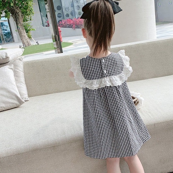 Đầm Công Chúa Cổ Tròn Phối Ren Họa Tiết Sọc Caro Ngọt Ngào Cho Bé Gái