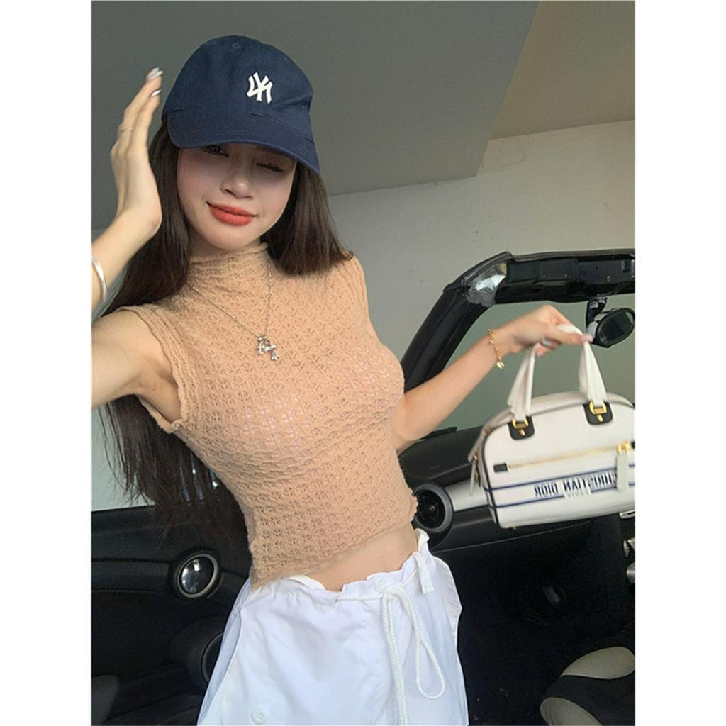 QADCOL Áo Dệt Kim Mỏng Tay Ngắn Cổ Cao Màu Hồng Thuần Khiết Thời Trang Mùa Hè Nhẹ Nhàng Phong Cách Ngọt Ngào Và Dịu Dàng Mới Dành Cho