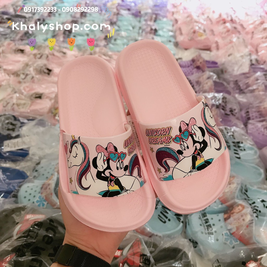 Dép quai ngang hình chuột Minnie Mouse đeo kính và Ngựa Unicorn màu hồng lợt có size kép từ [S26 đến S37] cho bé gái