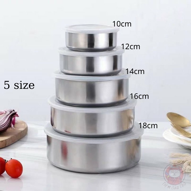 Bộ 5 bát (thố) bằng inox không gỉ đựng thực phẩm đủ size 10-18cm có nắp đậy bằng silicone cao cấp