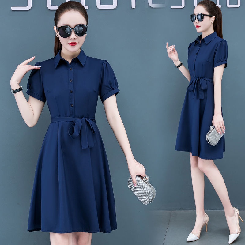 Váy sơ mi xanh than cộc tay thắt eo