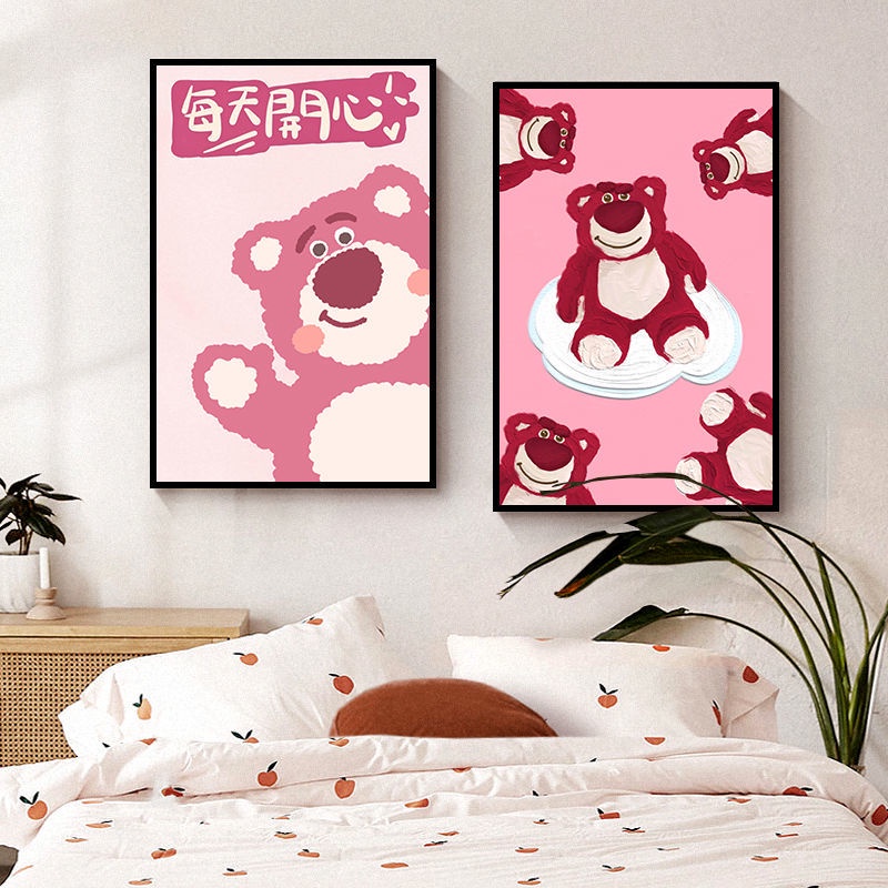 Tranh Sơn Dầu Hình Gấu Và Dâu Tây Trang Trí Nhà Cửa