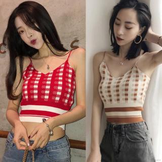 Áo croptop 2 dây hoạ tiết sọc ca-rô thiết kế cổ chữ V quyến rũ