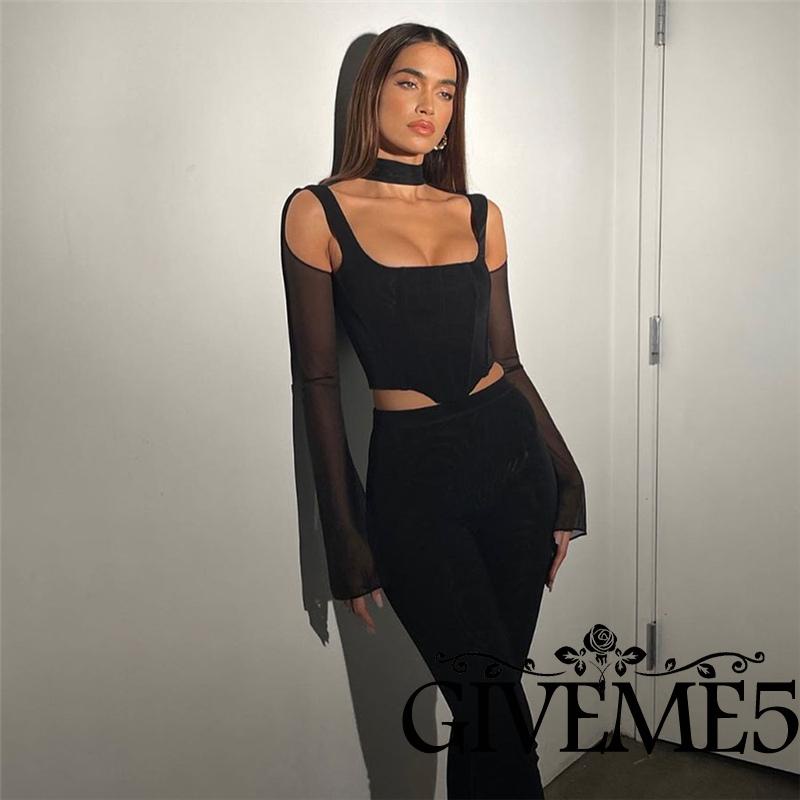Áo Croptop Tay Dài Màu Trơn Thiết Kế Xuyên Thấu Quyến Rũ